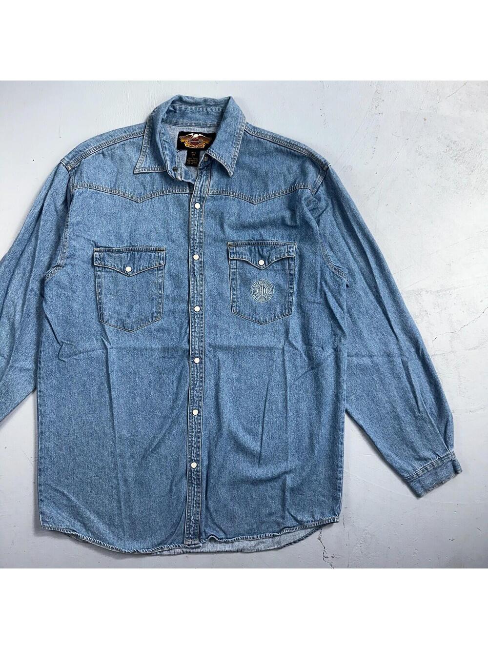 Harley Davidson Shirt Mens Large Long Blue Pearl Snap 90s Vintage Motor